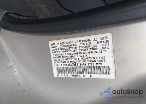 2005 Honda Odyssey Ex из США, поврежденный, VIN 5FNRL38495B411414